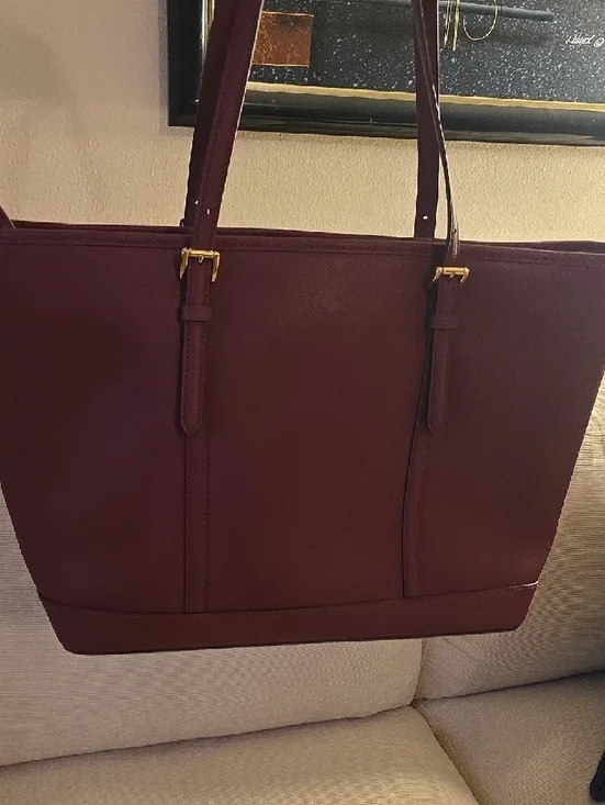 Michael Kors Wine Red Leather Tote with Gold MK Charm - Picture 3 of 5